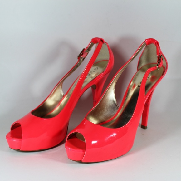 GUESS HONDO PEEP TOE NEON ORANGE HEELS PUMPS 8.5 - Picture 3 of 8